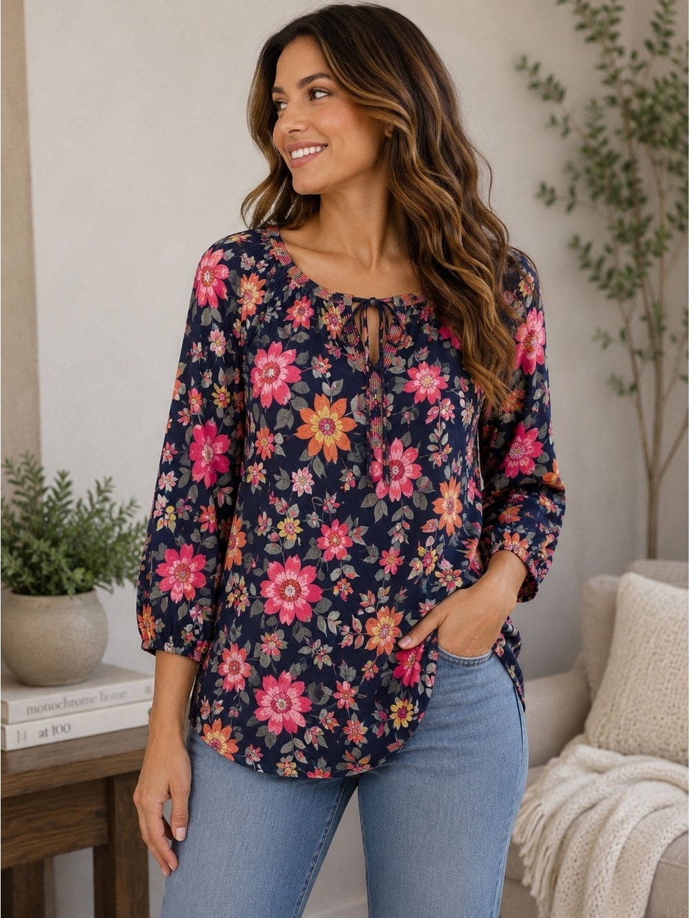 St. John’s Bay Floral Hooded Top L Boho Cottagecore 3/4 Sleeve Tie Neck Cotton
